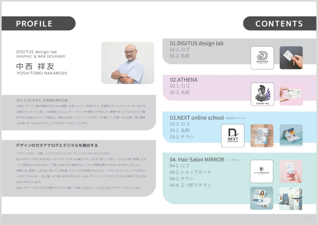 DIGITUS design lab 中西祥友のプロフィールとロゴ・名刺・チラシのデザイン制作実績一覧
