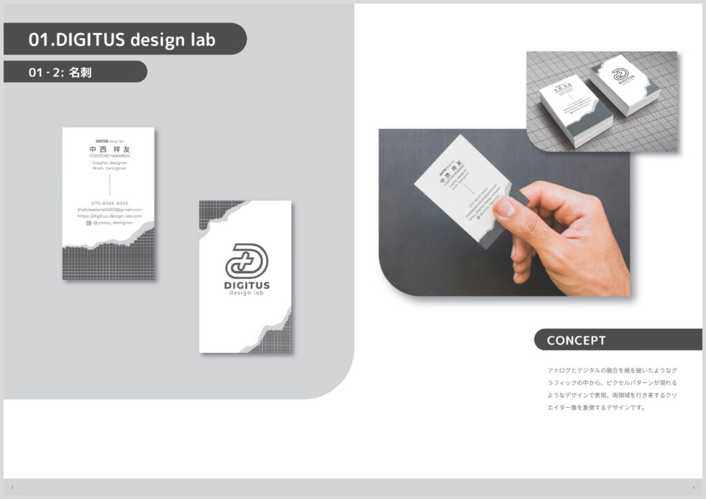 DIGITUS design labのモノトーン名刺デザインと使用イメージ
